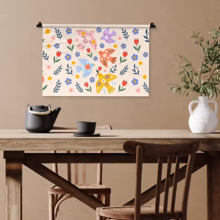 Wandteppich - Vögel – Blumen – Folk – Bunt – Tiere — 3