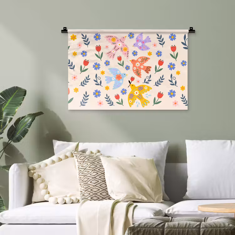 Wandteppich - Vögel – Blumen – Folk – Bunt – Tiere — 4