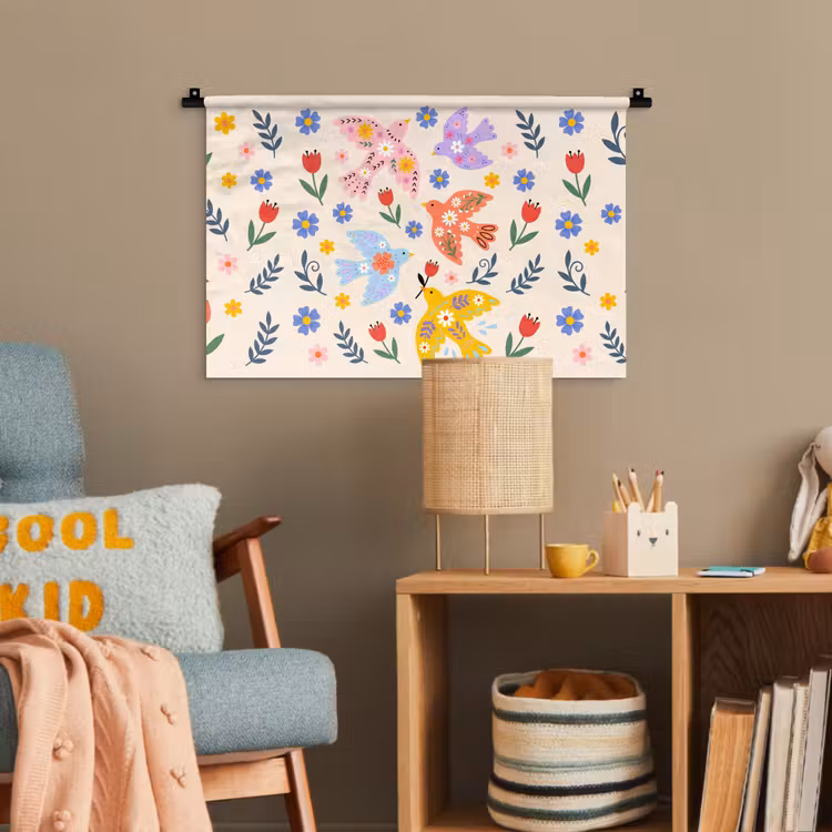 Wandteppich - Vögel – Blumen – Folk – Bunt – Tiere — 5