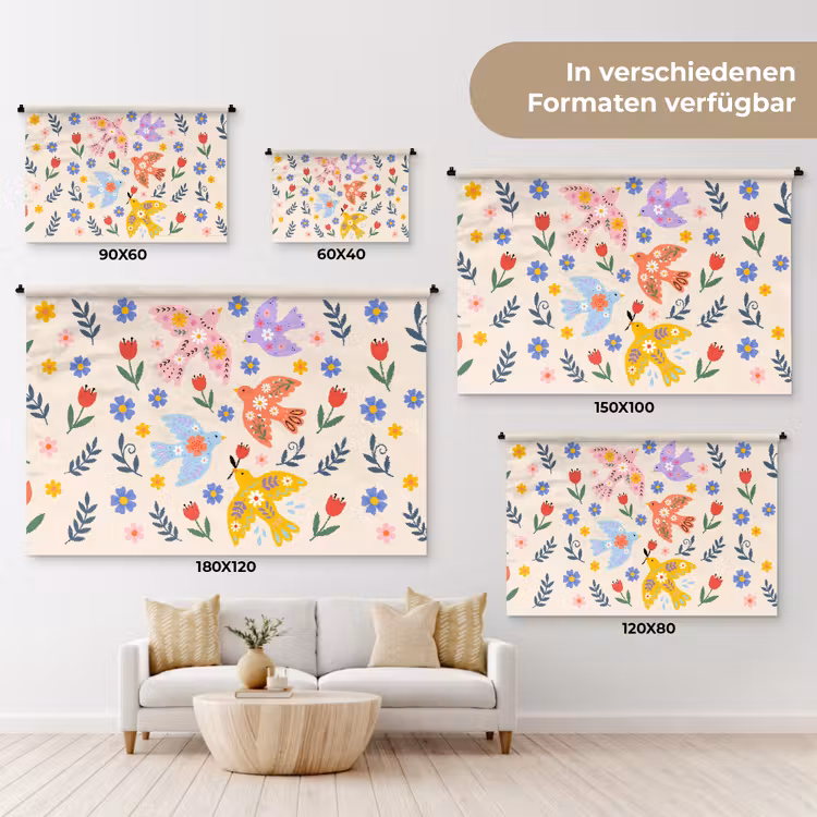 Wandteppich - Vögel – Blumen – Folk – Bunt – Tiere — 8