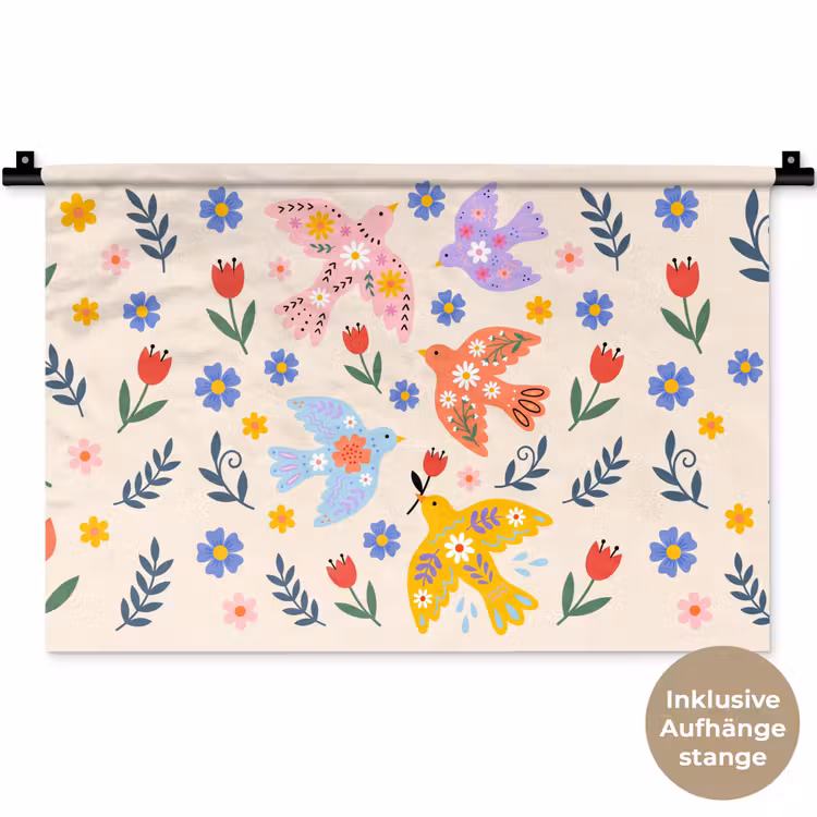 Wandteppich - Vögel – Blumen – Folk – Bunt – Tiere — 9