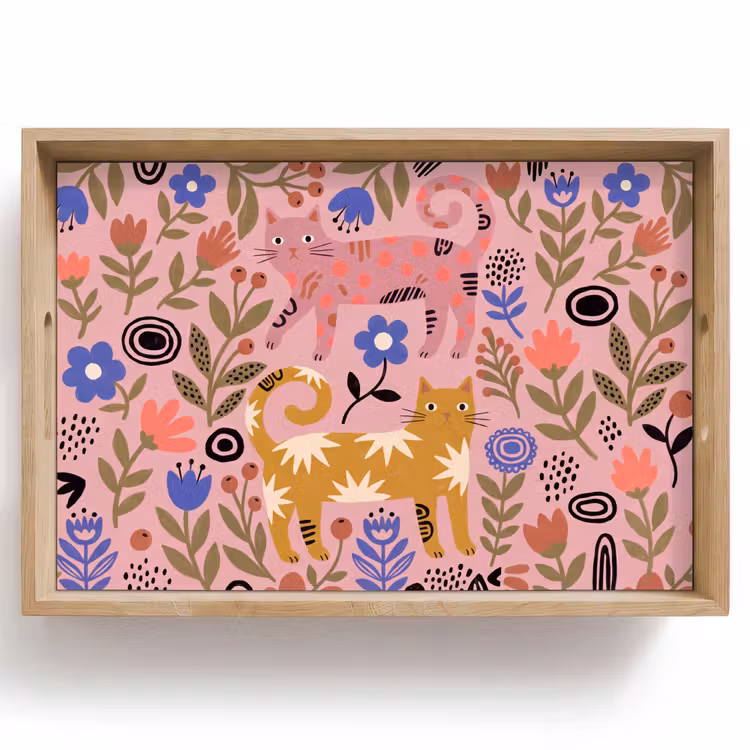 Tablett - Katze – Blumen – Tiere – Modern – Rosa — 1