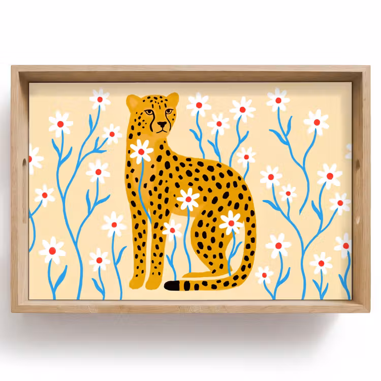 Tablett - Tiere – Gepard – Blumen – Modern – Gelb — 1
