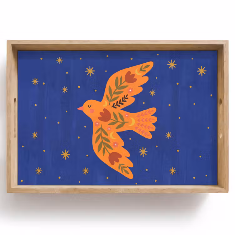Tablett - Vogel – Blumen – Dekorativ – Orange – Blau — 1