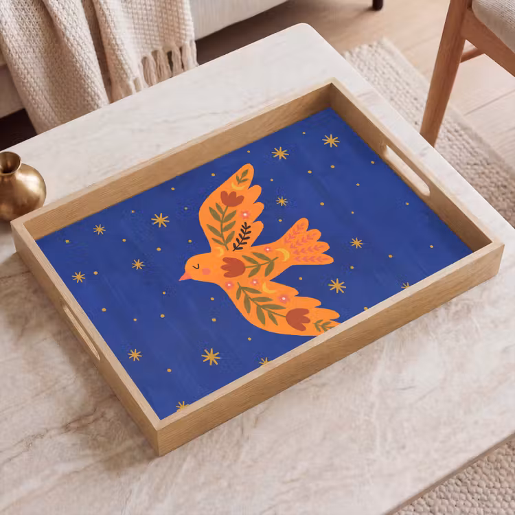 Tablett - Vogel – Blumen – Dekorativ – Orange – Blau — 2
