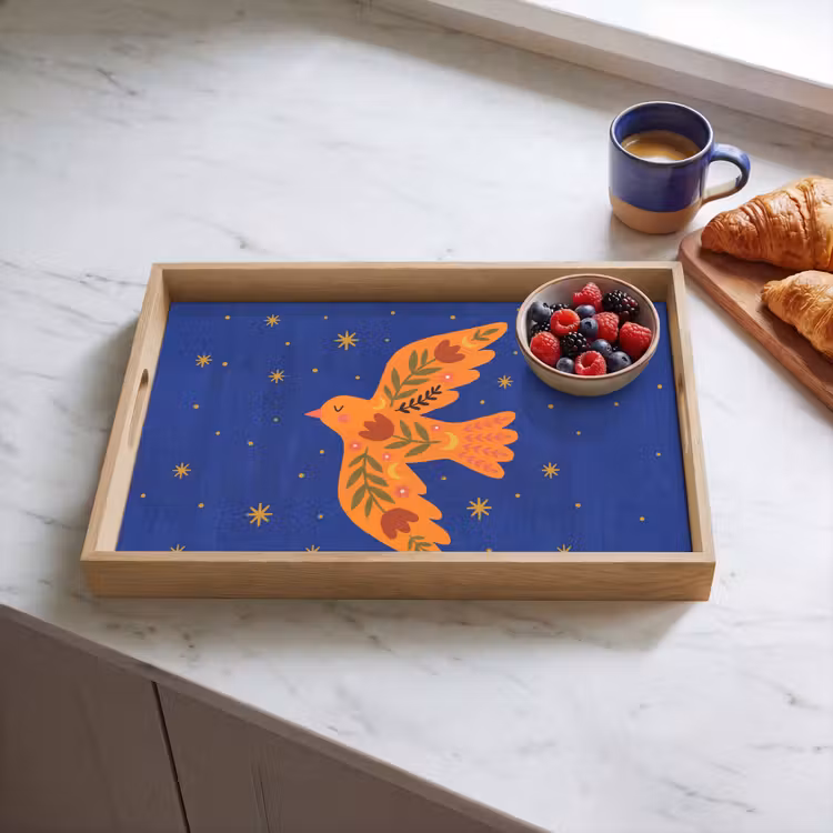 Tablett - Vogel – Blumen – Dekorativ – Orange – Blau — 4