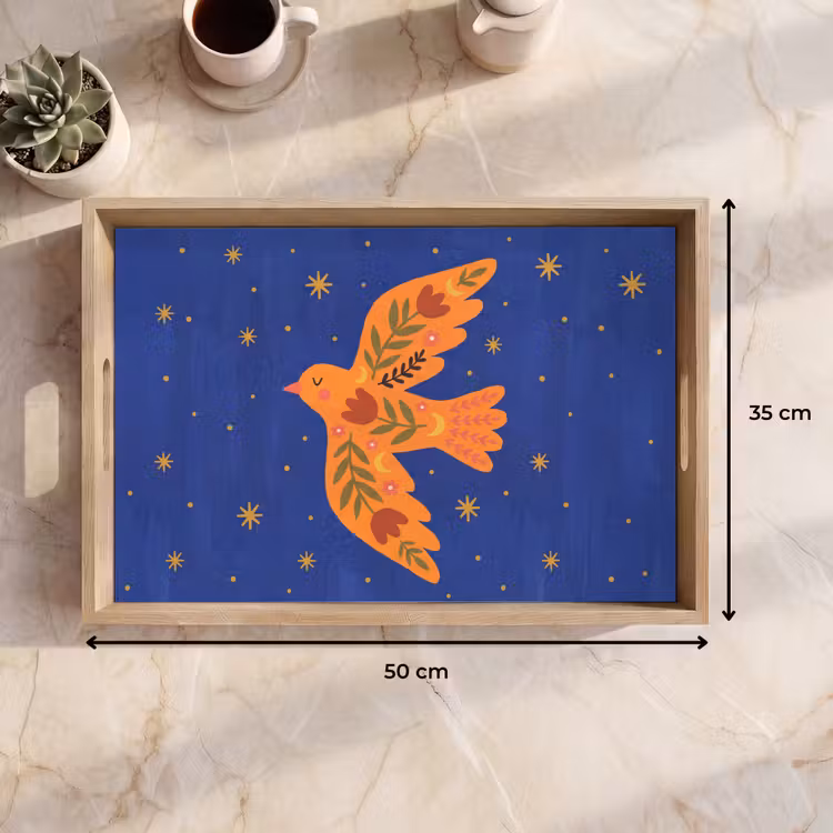 Tablett - Vogel – Blumen – Dekorativ – Orange – Blau — 9