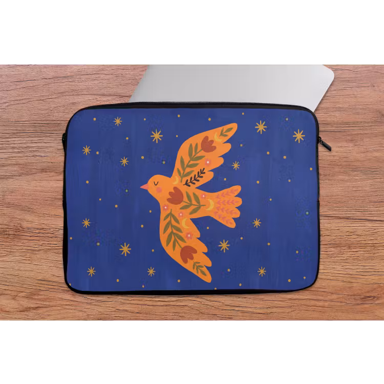 Laptop hülle - Vogel – Blumen – Dekorativ – Orange – Blau — 2