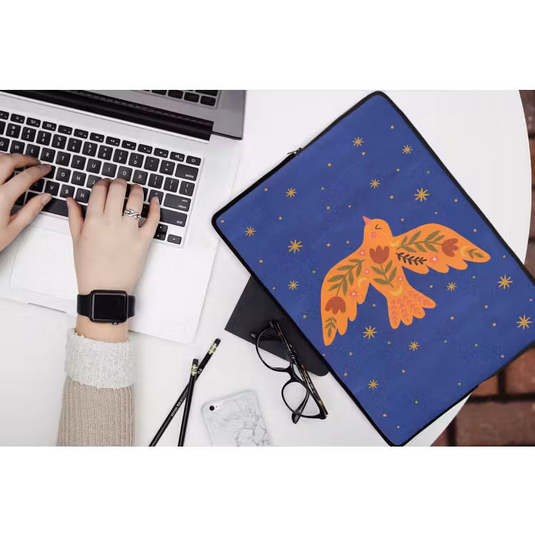 Laptop hülle - Vogel – Blumen – Dekorativ – Orange – Blau — 3
