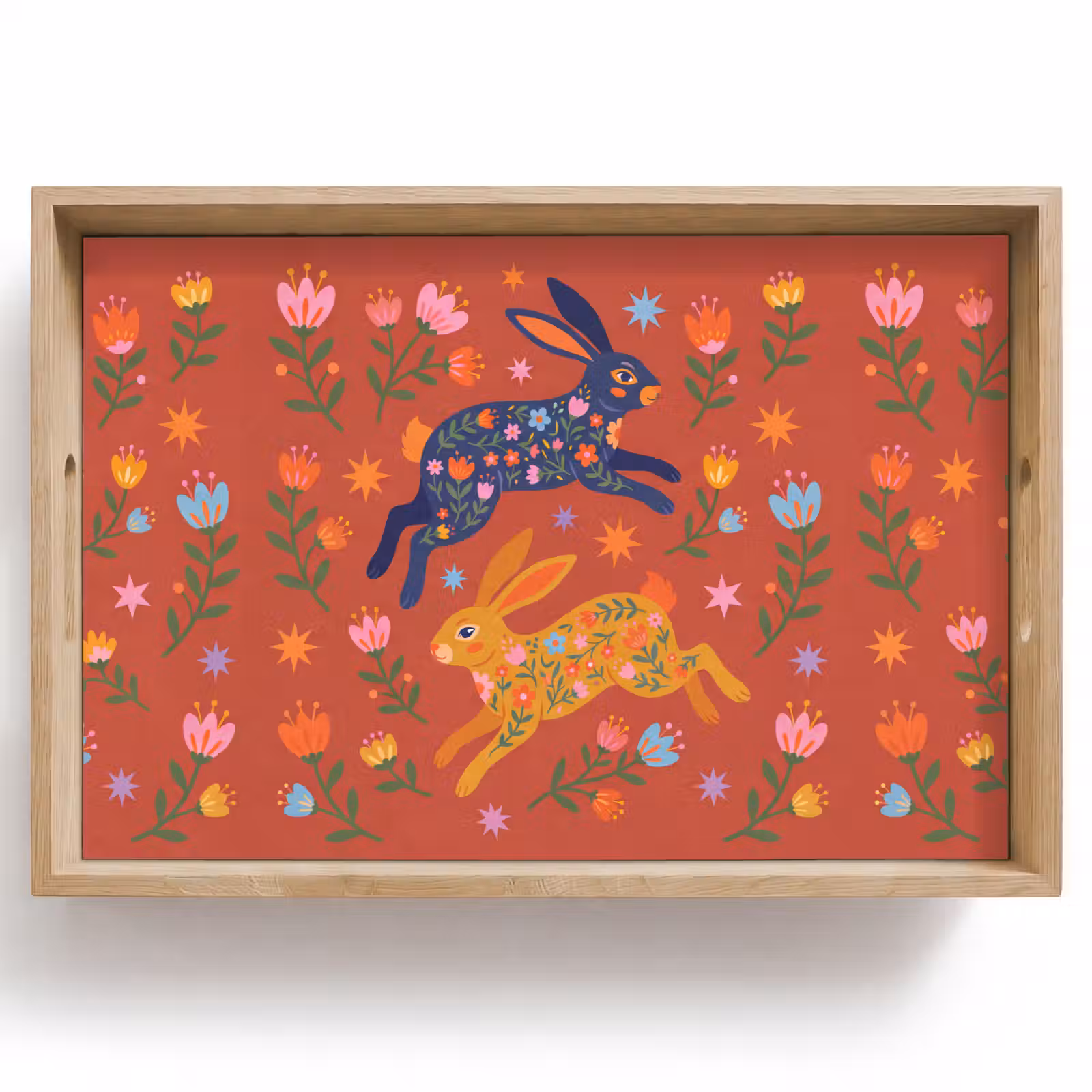 Tablett - Kaninchen – Blumen – Volkskunst – Farbenfroh – Tiere — 1