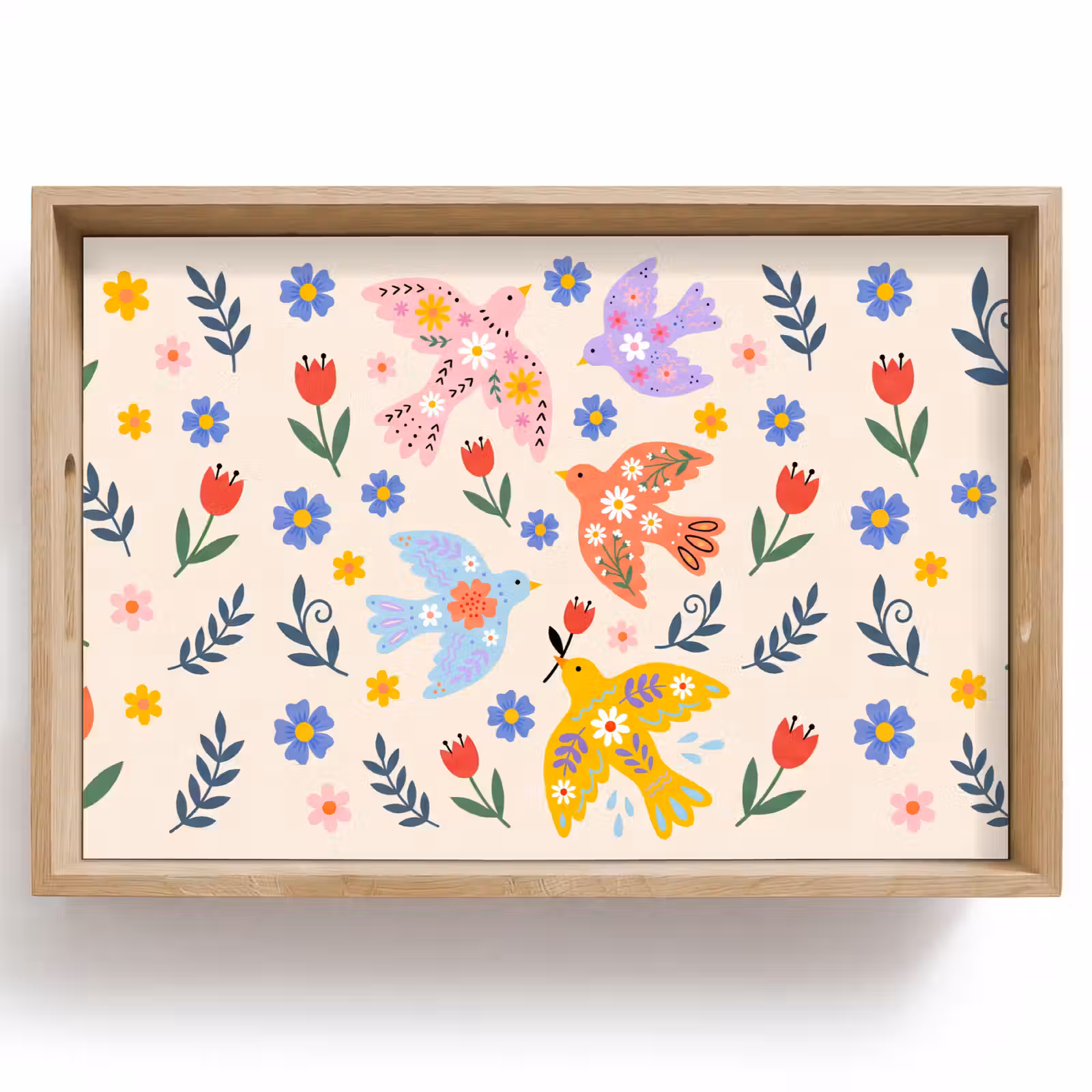 Tablett - Vögel – Blumen – Folk – Bunt – Tiere — 1