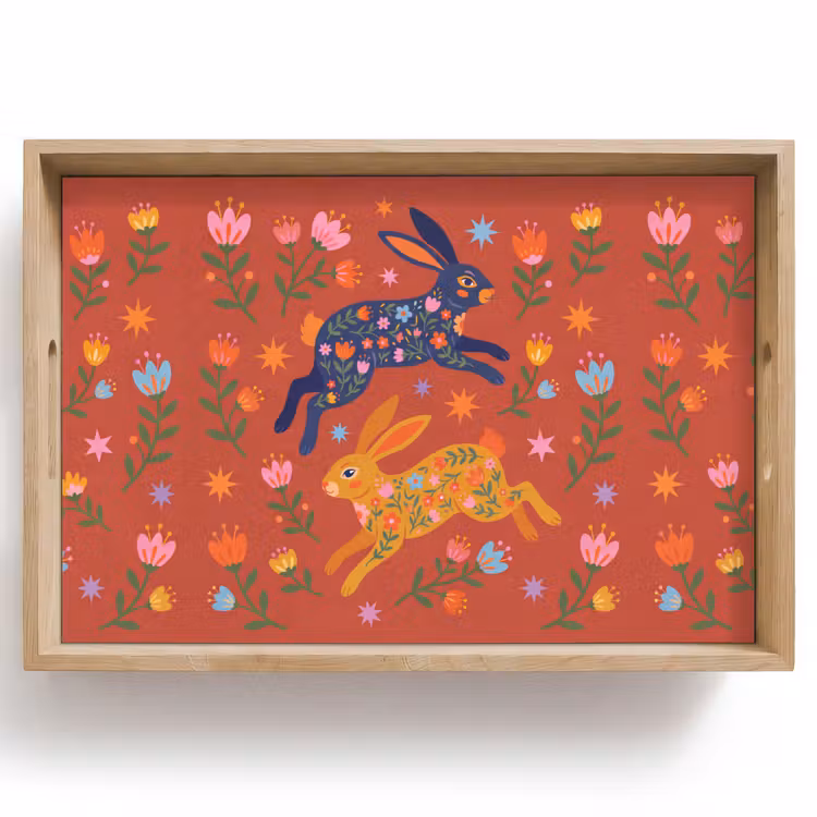 Tablett - Kaninchen – Blumen – Volkskunst – Farbenfroh – Tiere — 1