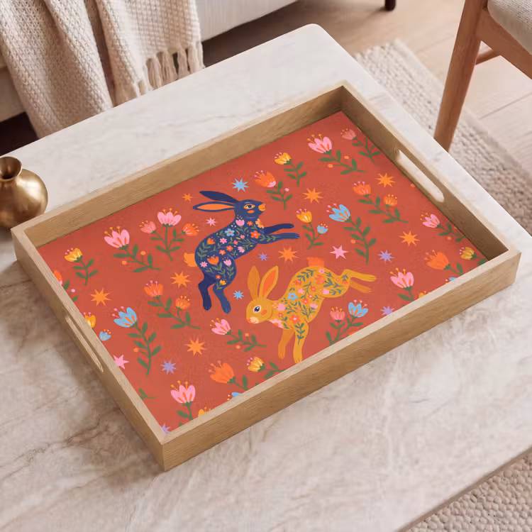 Tablett - Kaninchen – Blumen – Volkskunst – Farbenfroh – Tiere — 2