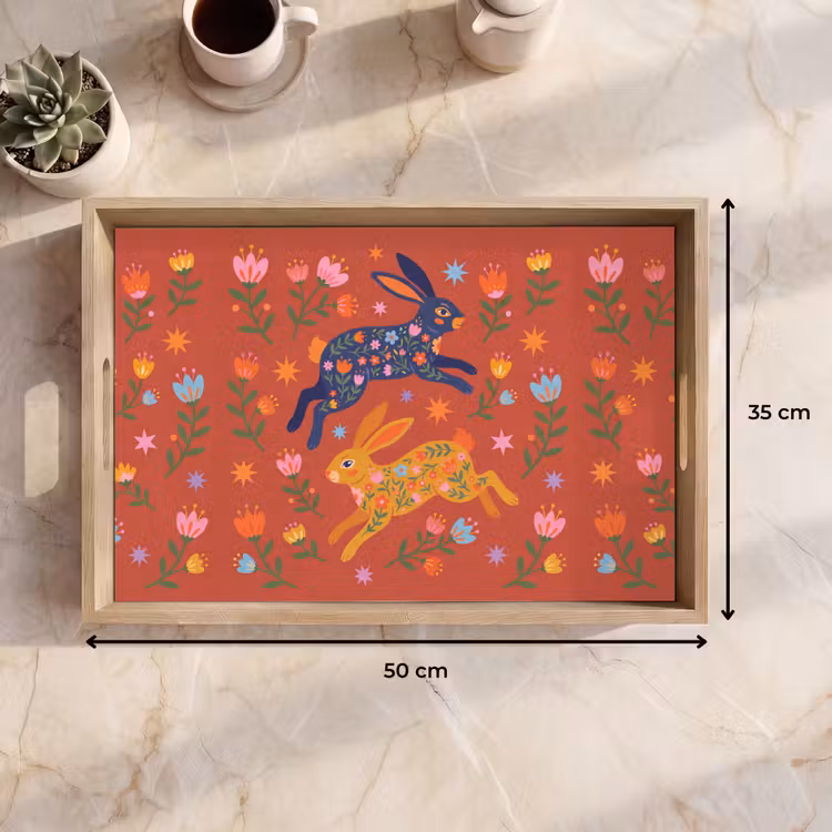 Tablett - Kaninchen – Blumen – Volkskunst – Farbenfroh – Tiere — 9