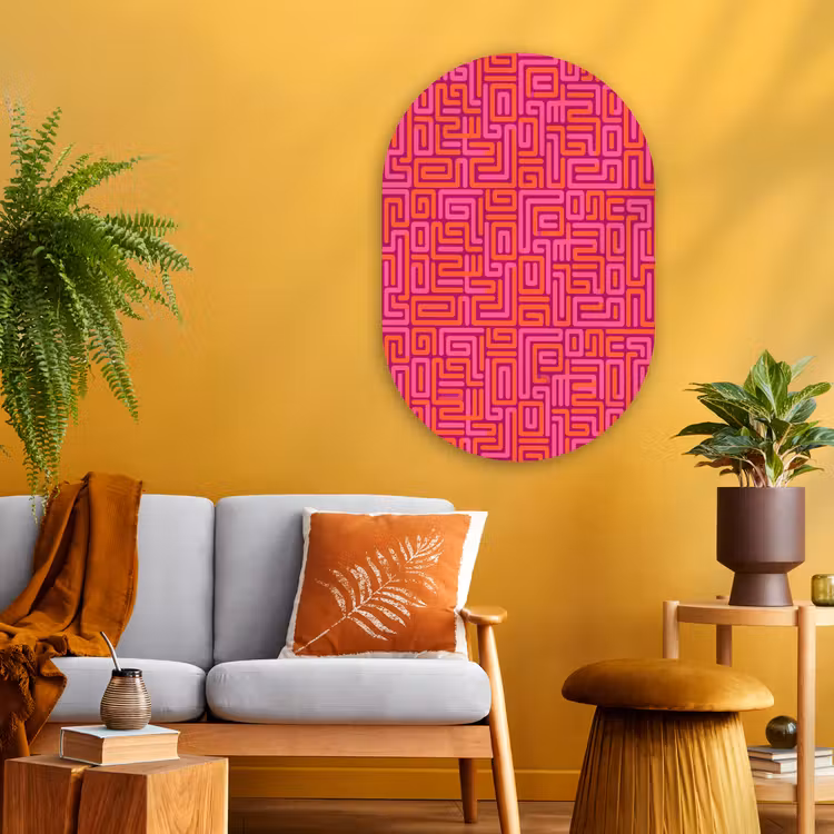 Glasbild Oval - Zusammenfassung – Muster – Linien – Rosa – Orange — 3