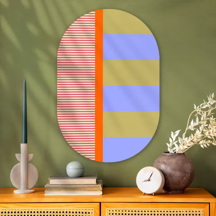 Glasbild Oval - Zusammenfassung – Geometrie – Streifen – Blöcke – Rot — 2