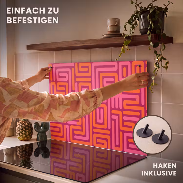2-in-1 Herdabdeckplatte & Spritzschutz - Zusammenfassung – Muster – Linien – Rosa – Orange — 7