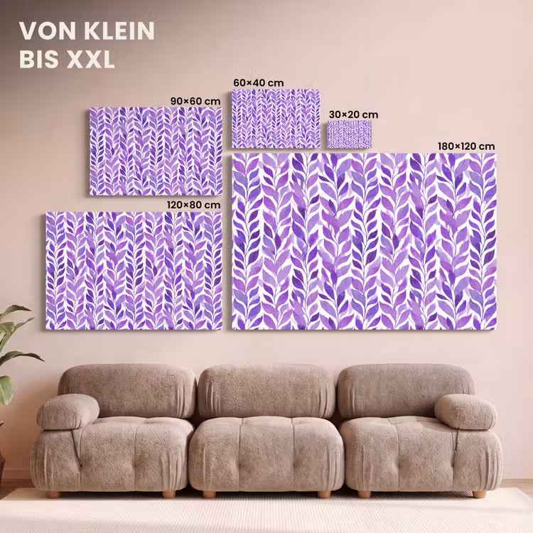 Leinwandbild - Lila – Botanisch – Blätter – Aquarell – Zweige – Muster — 6