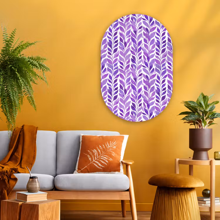 Glasbild Oval - Lila – Botanisch – Blätter – Aquarell – Zweige – Muster — 3