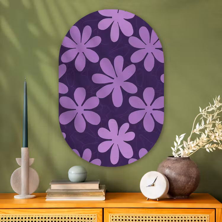 Glasbild Oval - Lila – Botanisch – Blumen – Retro – Muster — 2