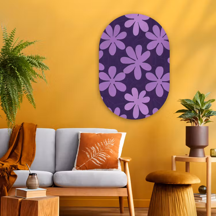 Glasbild Oval - Lila – Botanisch – Blumen – Retro – Muster — 3