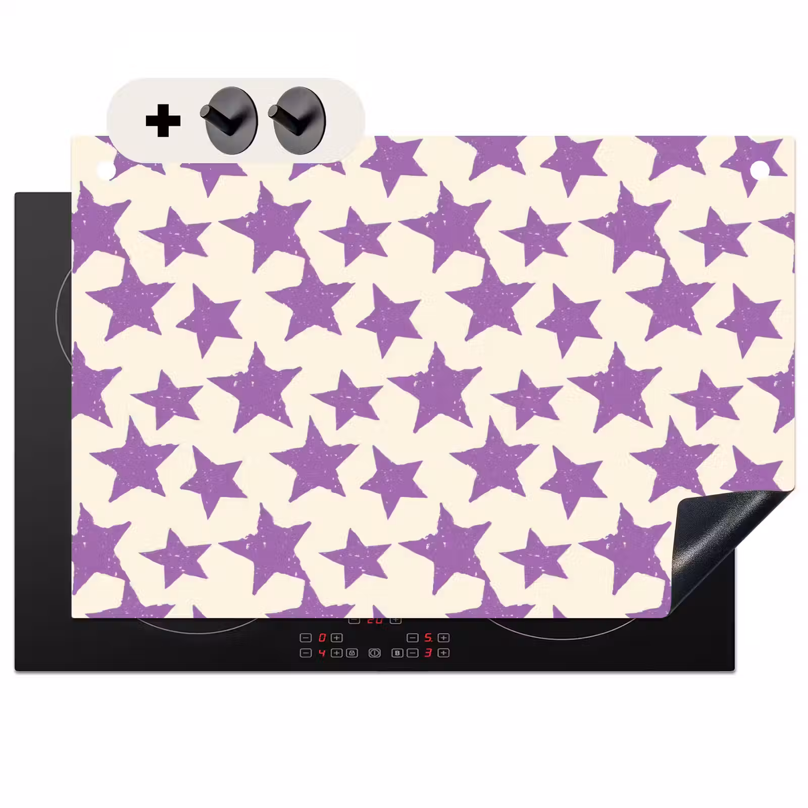 2-in-1 Herdabdeckplatte & Spritzschutz - Lila – Geometrisch – Sterne – Stempel – Muster — 1