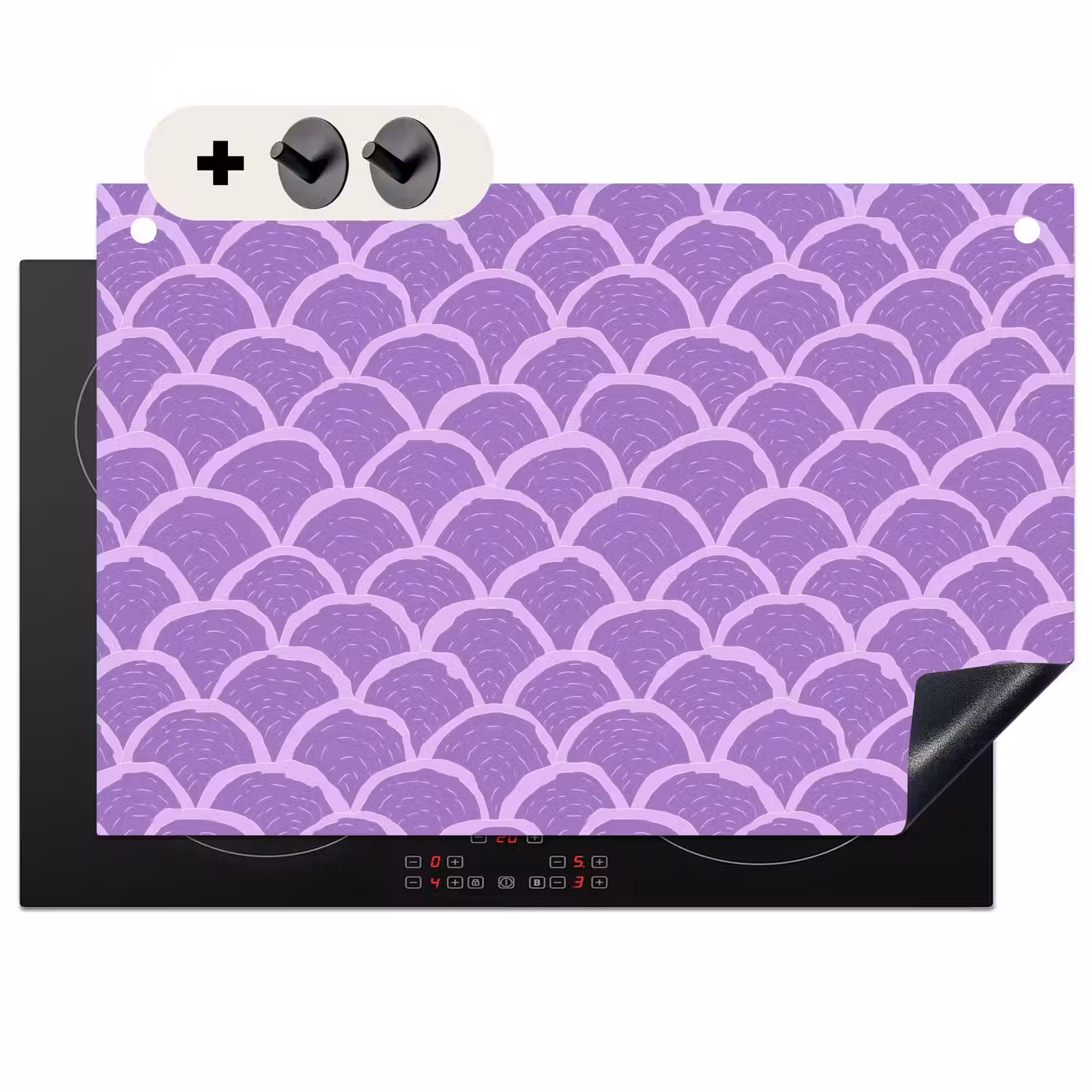 2-in-1 Herdabdeckplatte & Spritzschutz - Lila – Schuppen – Muscheln – Handgezeichnet – Muster — 1