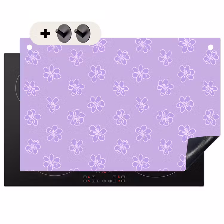 2-in-1 Herdabdeckplatte & Spritzschutz - Lila – Botanisch – Blumen – Handgezeichnet – Muster — 1