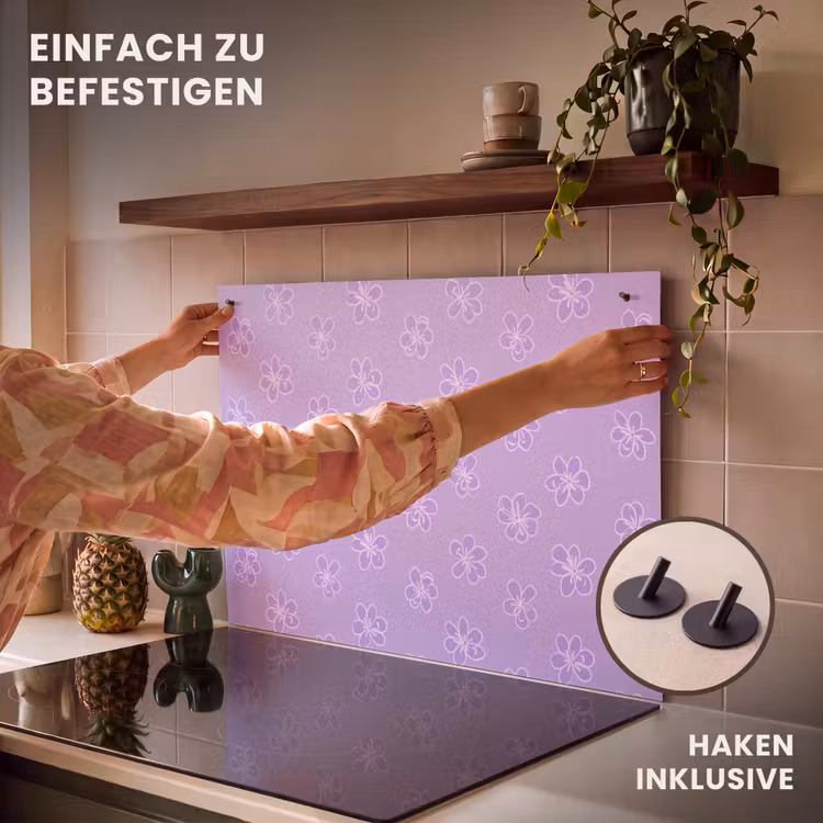 2-in-1 Herdabdeckplatte & Spritzschutz - Lila – Botanisch – Blumen – Handgezeichnet – Muster — 7
