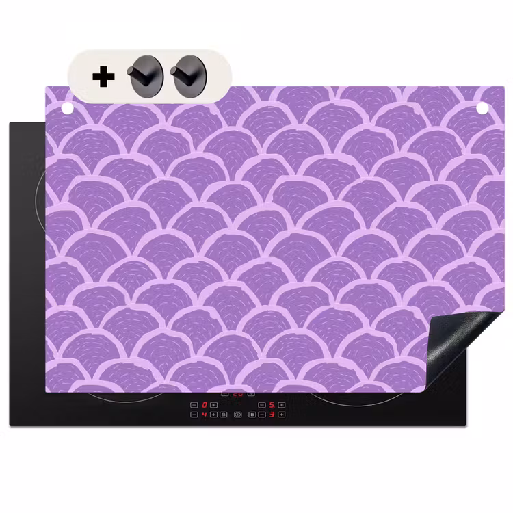 2-in-1 Herdabdeckplatte & Spritzschutz - Lila – Schuppen – Muscheln – Handgezeichnet – Muster — 1