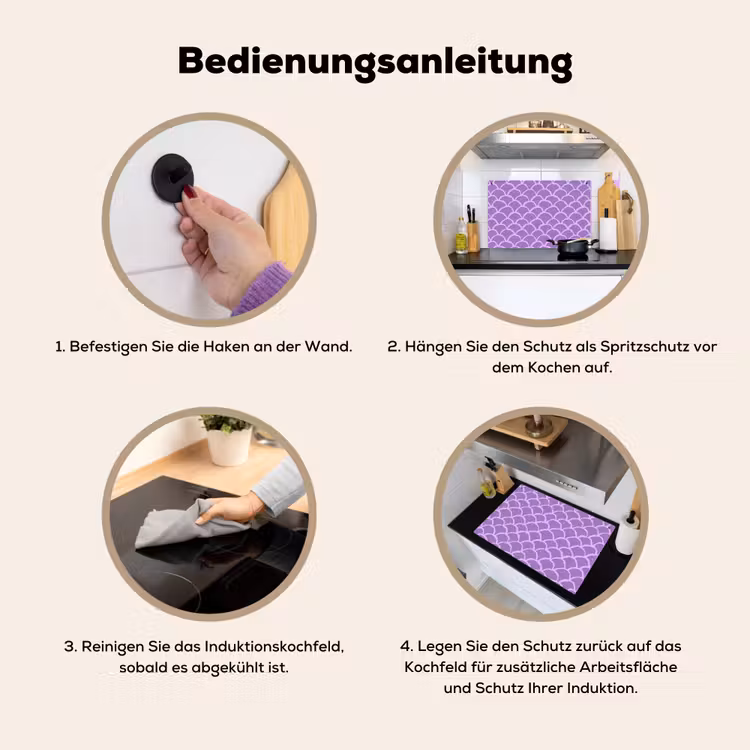 2-in-1 Herdabdeckplatte & Spritzschutz - Lila – Schuppen – Muscheln – Handgezeichnet – Muster — 6