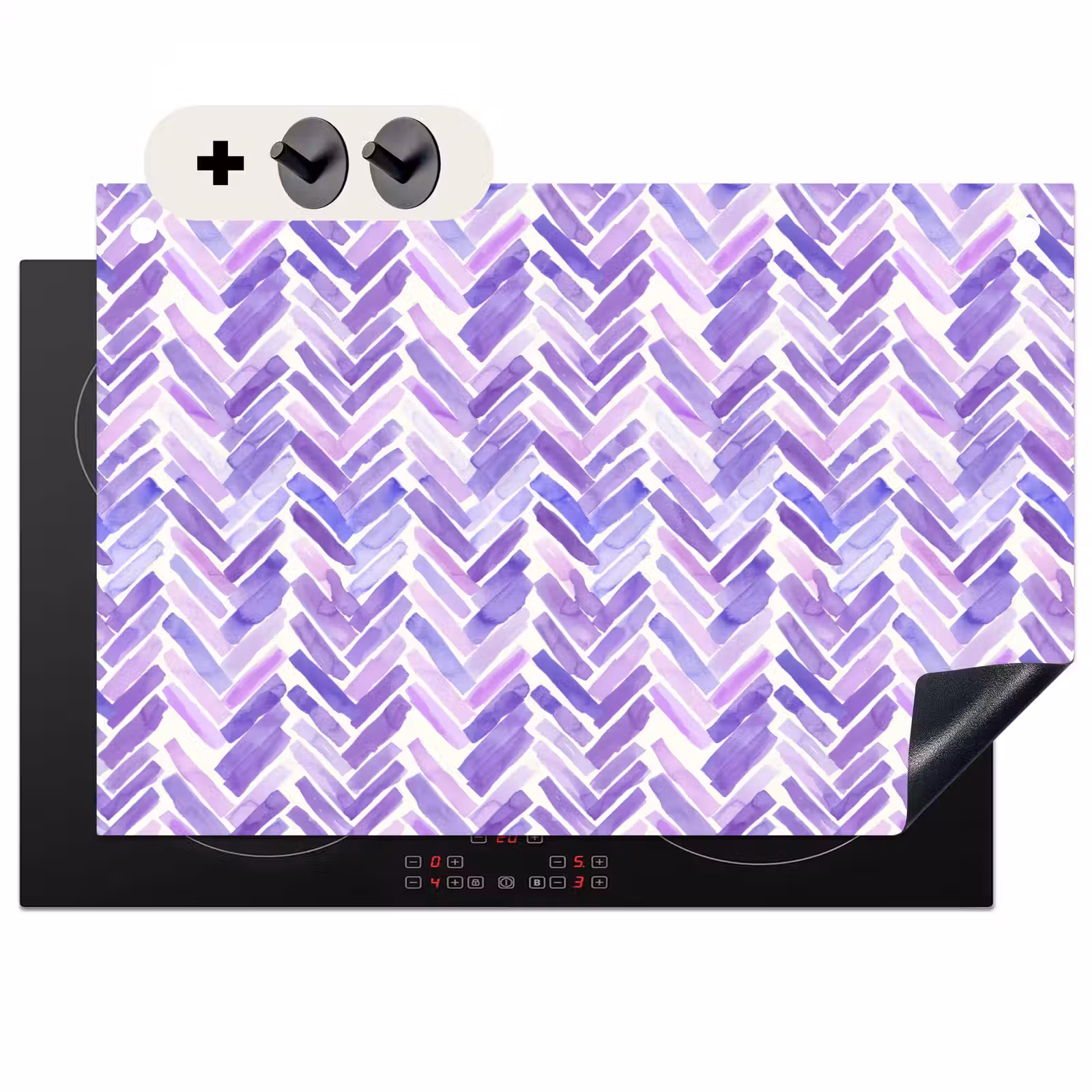 2-in-1 Herdabdeckplatte & Spritzschutz - Lila – Fischgrätmuster – Aquarell – Pinselstriche – Muster — 1