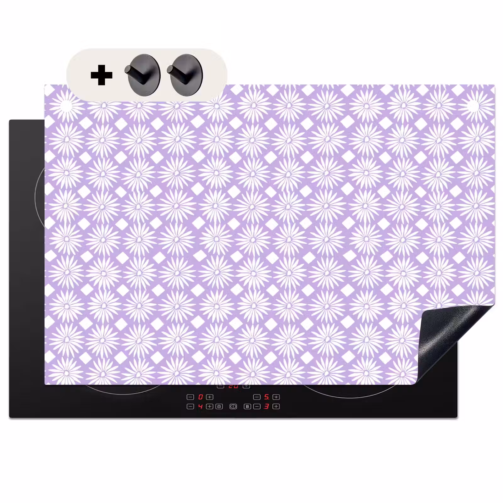 2-in-1 Herdabdeckplatte & Spritzschutz - Lila – Botanisch – Blumen – Gänseblümchen – Muster — 1