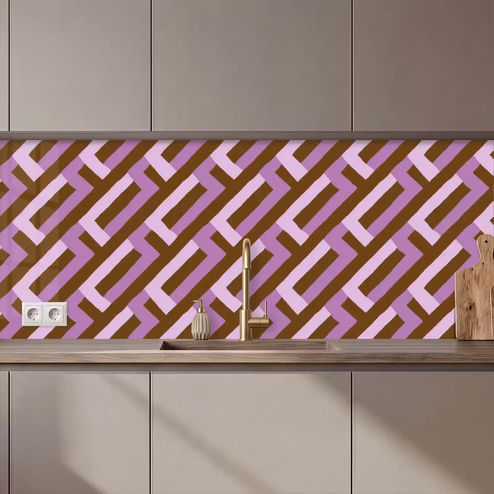 Küchenrückwand - Braun – Rosa – Geometrisch – Mäander – Muster — 1