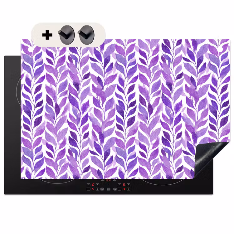 2-in-1 Herdabdeckplatte & Spritzschutz - Lila – Botanisch – Blätter – Aquarell – Zweige – Muster — 1