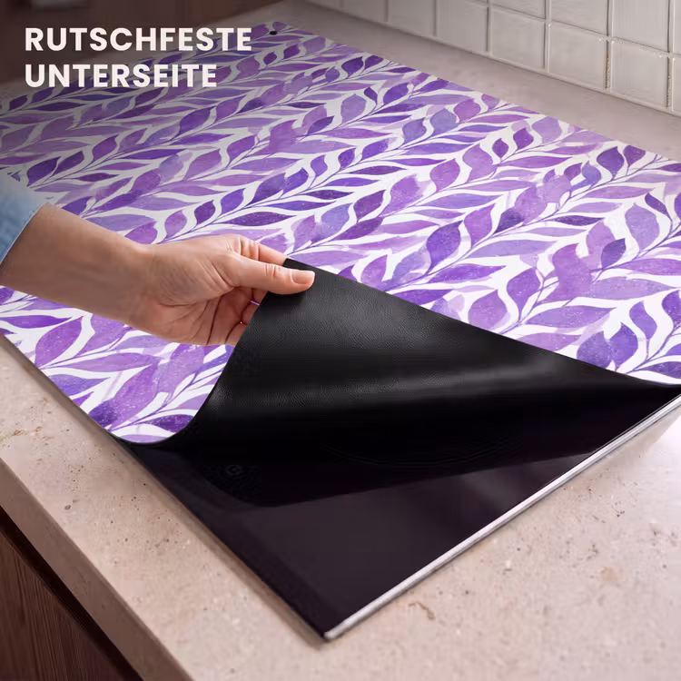 2-in-1 Herdabdeckplatte & Spritzschutz - Lila – Botanisch – Blätter – Aquarell – Zweige – Muster — 4