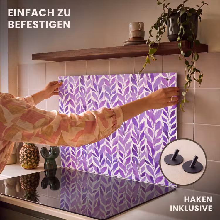 2-in-1 Herdabdeckplatte & Spritzschutz - Lila – Botanisch – Blätter – Aquarell – Zweige – Muster — 7