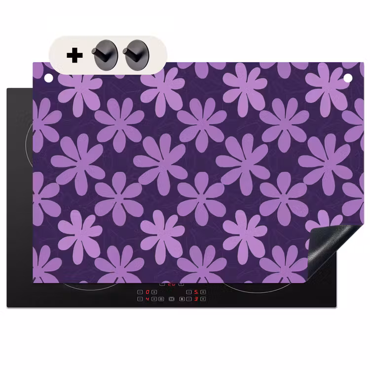 2-in-1 Herdabdeckplatte & Spritzschutz - Lila – Botanisch – Blumen – Retro – Muster — 1