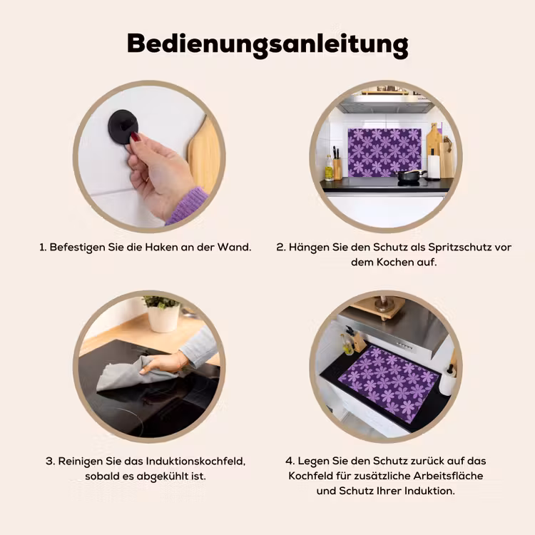 2-in-1 Herdabdeckplatte & Spritzschutz - Lila – Botanisch – Blumen – Retro – Muster — 6