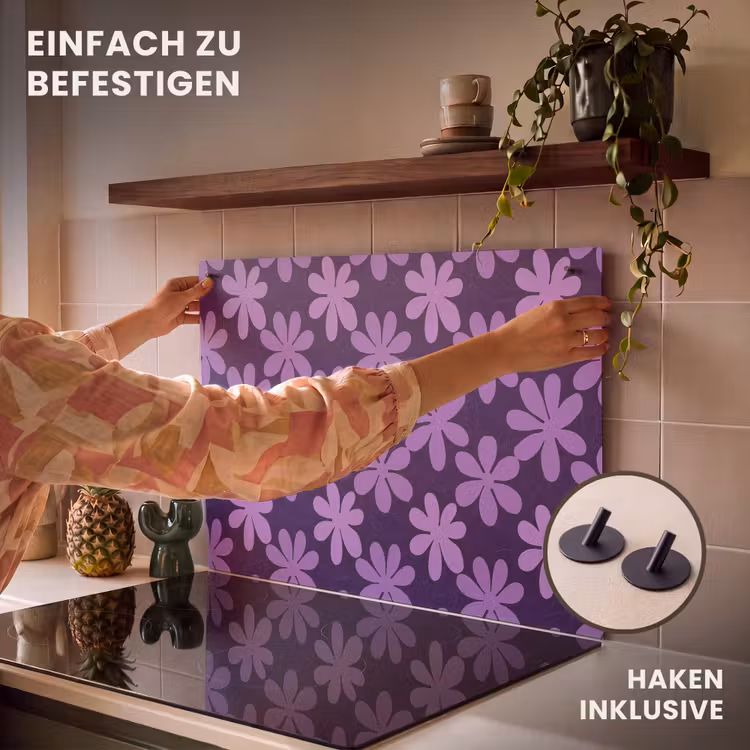 2-in-1 Herdabdeckplatte & Spritzschutz - Lila – Botanisch – Blumen – Retro – Muster — 7