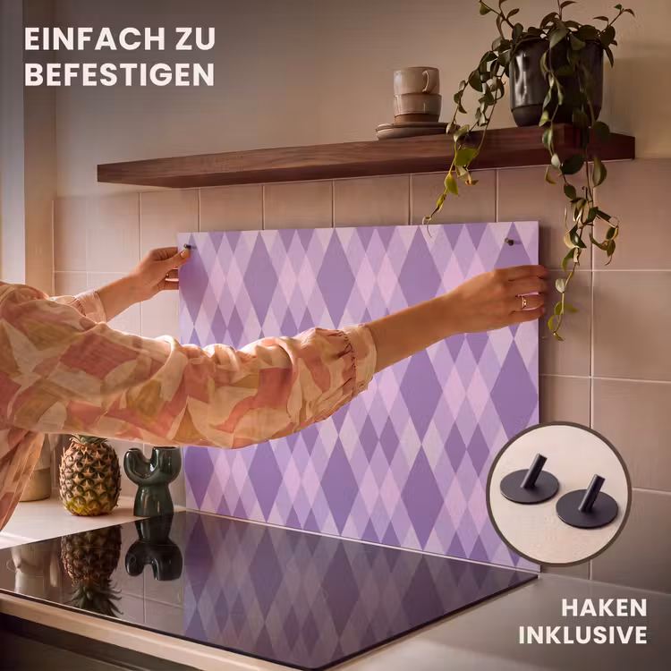 2-in-1 Herdabdeckplatte & Spritzschutz - Lila – Geometrisch – Rauten – Argyle – Muster — 7