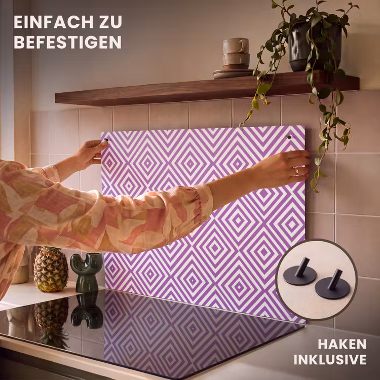 2-in-1 Herdabdeckplatte & Spritzschutz - Lila – Geometrisch – Rauten – Konzentrisch – Muster — 7