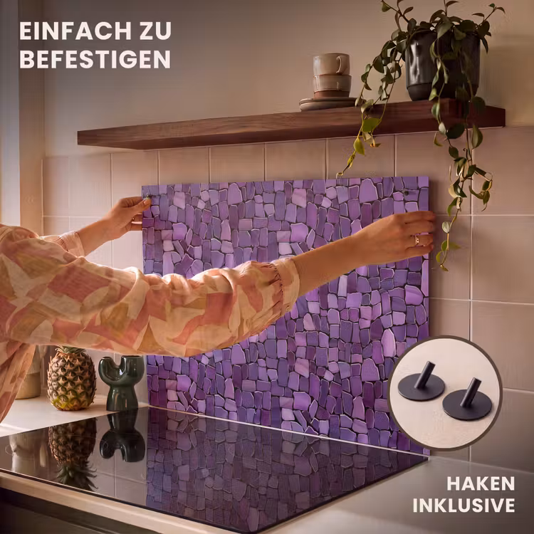 2-in-1 Herdabdeckplatte & Spritzschutz - Lila – Mosaik – Scherben – Stein – Muster — 7