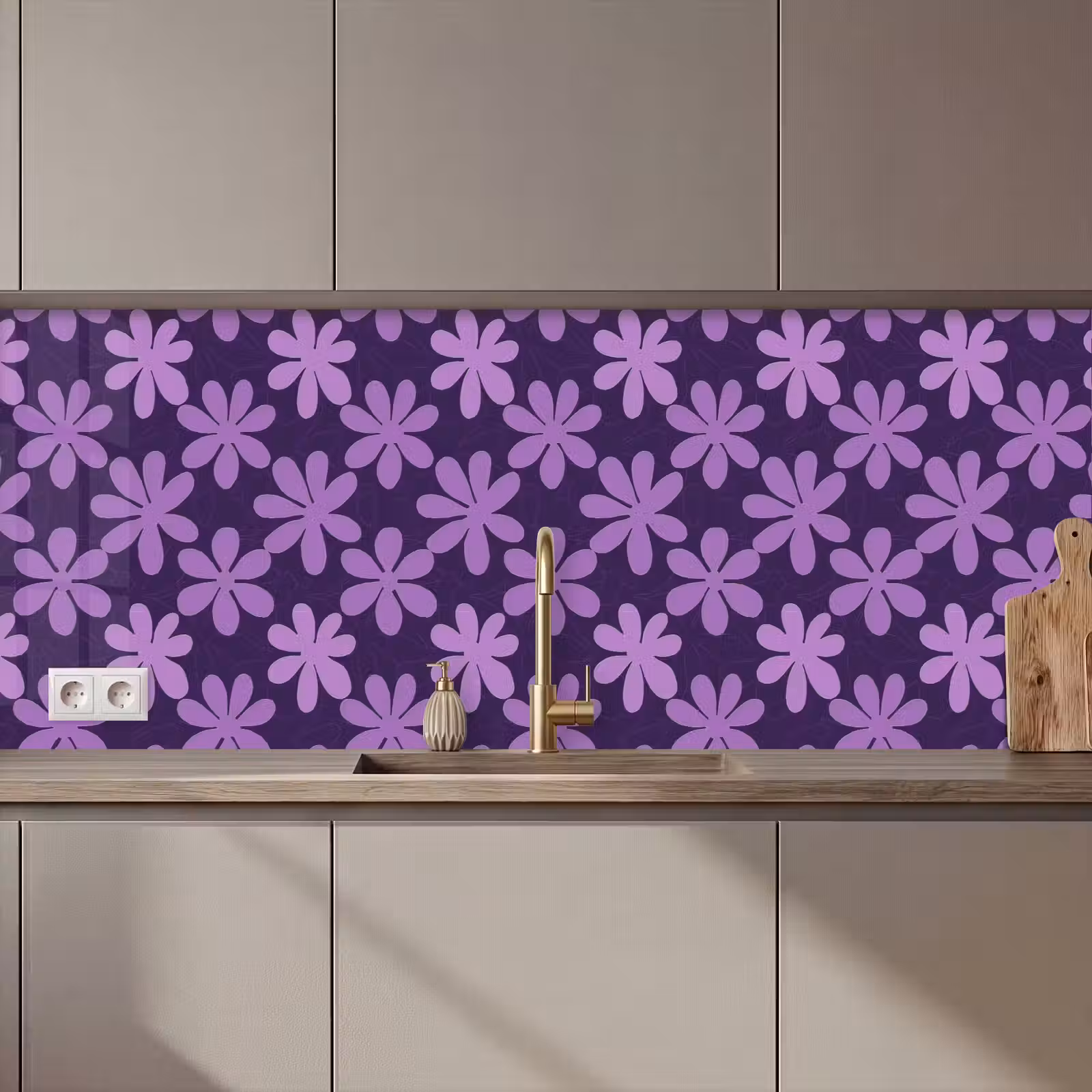 Küchenrückwand - Lila – Botanisch – Blumen – Retro – Muster — 1