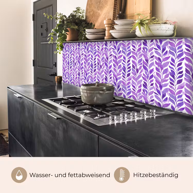 Küchenrückwand - Lila – Botanisch – Blätter – Aquarell – Zweige – Muster — 5