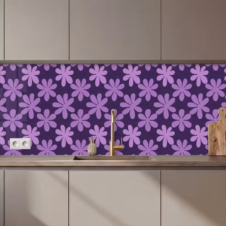 Küchenrückwand - Lila – Botanisch – Blumen – Retro – Muster — 1