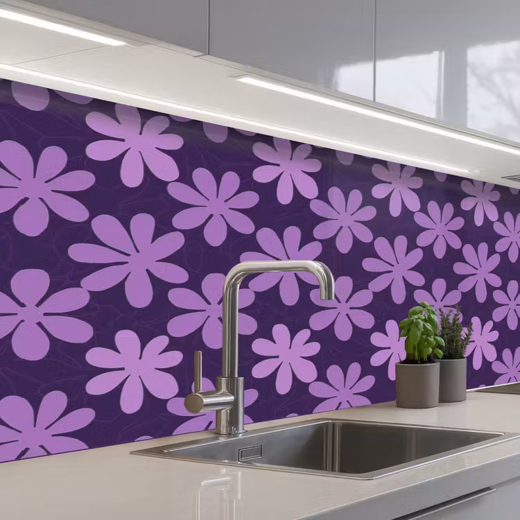 Küchenrückwand - Lila – Botanisch – Blumen – Retro – Muster — 2