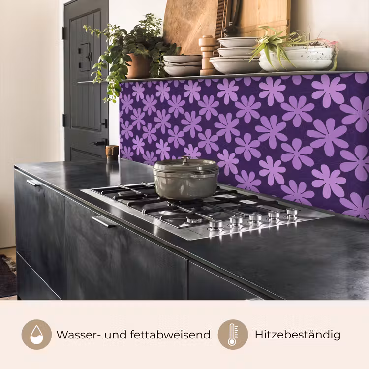 Küchenrückwand - Lila – Botanisch – Blumen – Retro – Muster — 5