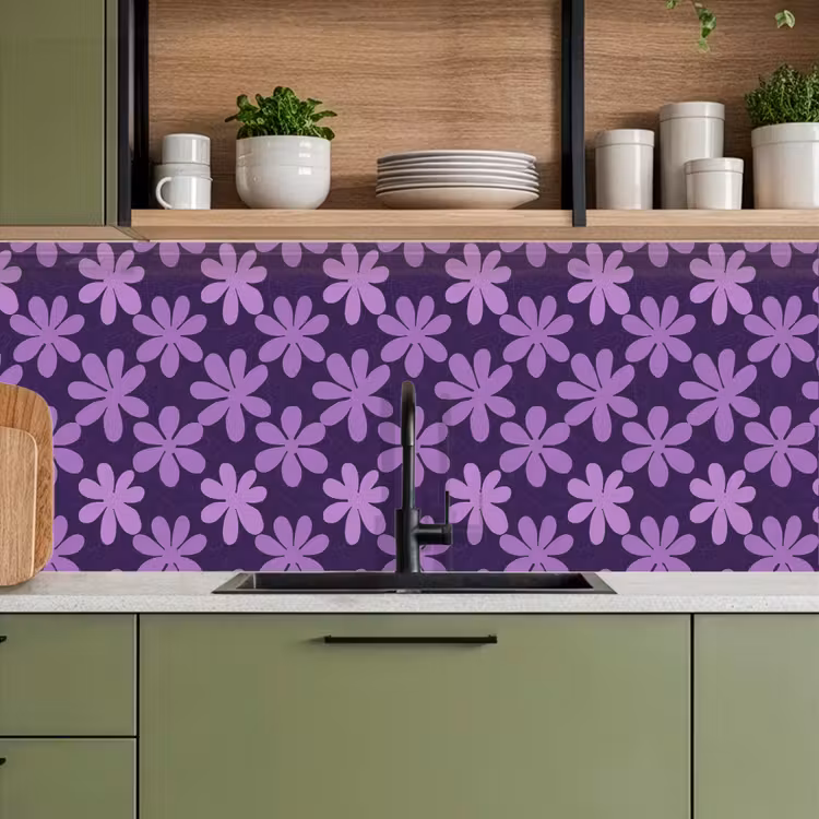 Küchenrückwand - Lila – Botanisch – Blumen – Retro – Muster — 8