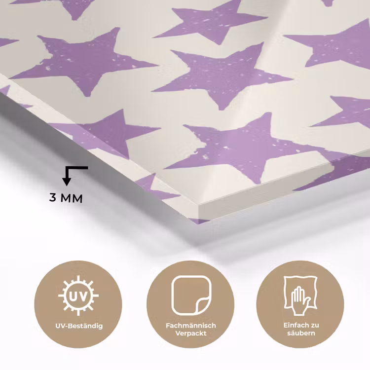 Glasbild - Lila – Geometrisch – Sterne – Stempel – Muster — 3